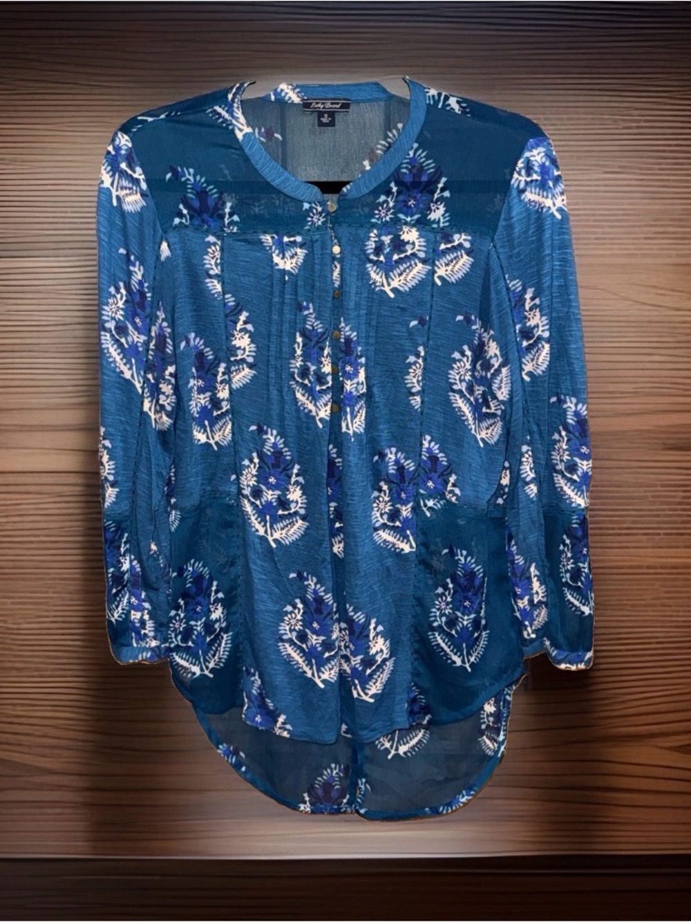 Lucky Brand Blue Floral Women's Pleated Henley Blouse w/Split Back-S-EC